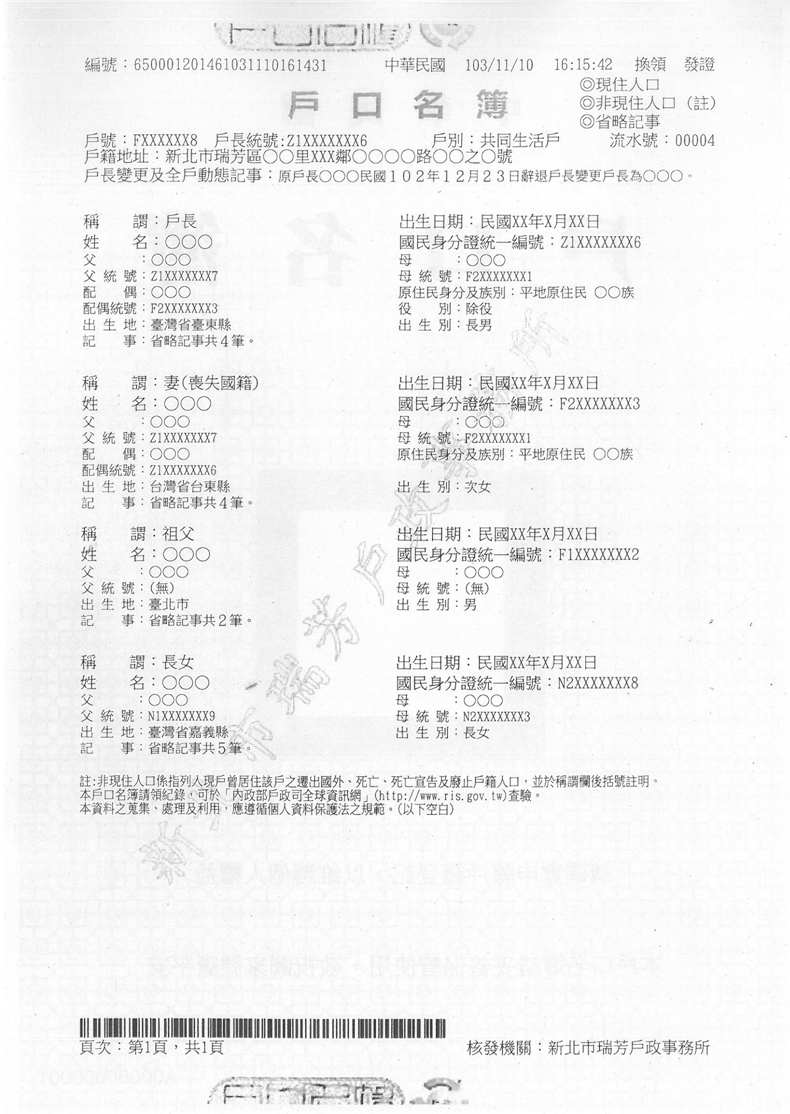 圖4：新式戶口名簿-現住人口含同一戶長非現住人口省略記事